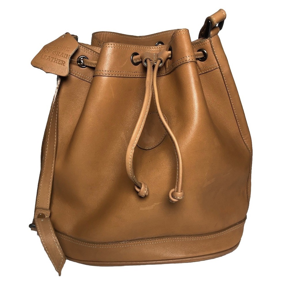 Vtg 90s Top Grain‎ Leather Bucket Bag Korea Tan Drawstring Boho STAINED